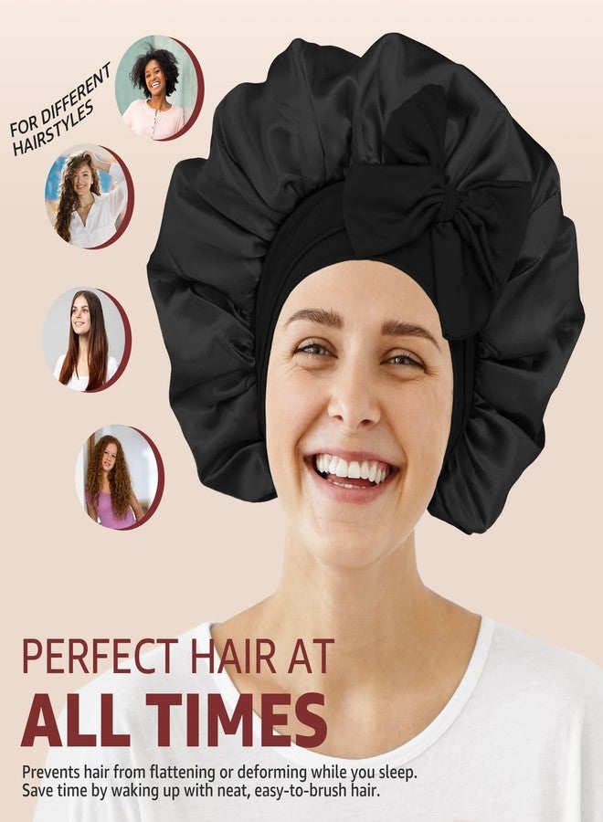 HiRui Silk Satin Bonnet for Sleeping Women, Double-Layer Sleep Cap Shower Cap with Adjustable Tie, Moisture Retaining Satin Lined Hair Bonnet for Curly and Natural Hair (Black, Large) - Image 4